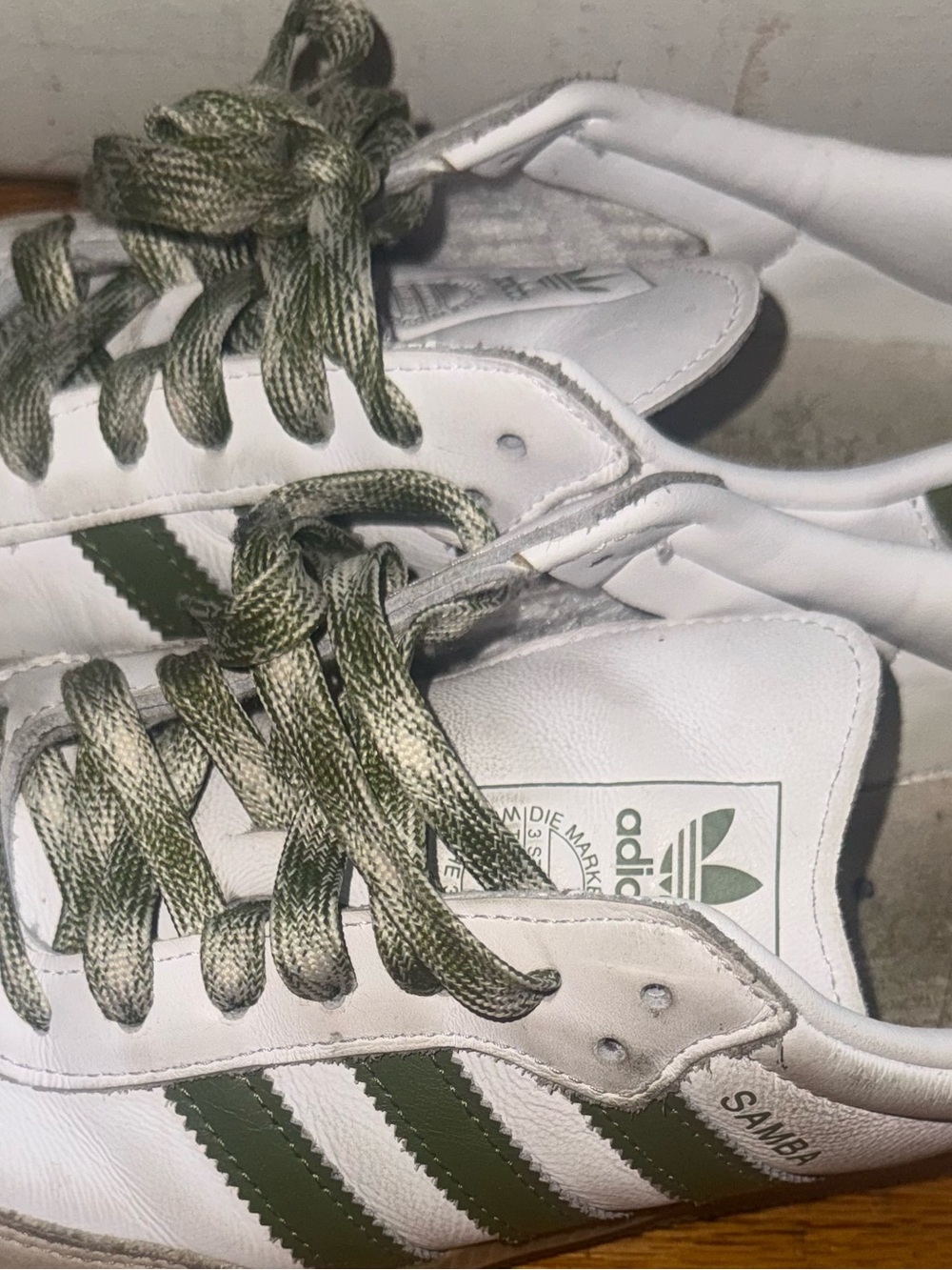 adidas White Sneakers with Olive Green Stripes and Laces